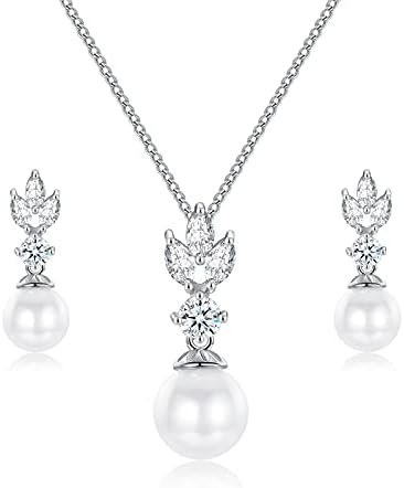 Wedding Jewelry for Bride Bridesmaid, Pearl Dangle Earrings and Pendant Necklace Set Bridal Jewelry for Promise Wedding Party