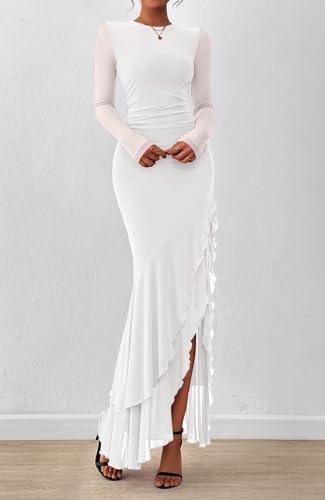 BTFBM Womens Maxi Dresses Spring 2026 Long Sleeve Ruched Bodycon Solid Ruffle Mermaid Cocktail Wedding Guest Dress