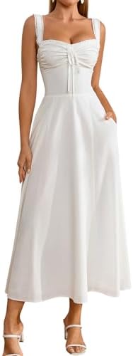 KUTUMAI Floral Corset Midi Dresses for Women 2026 Lace Up Flowy Summer Wedding Guest Dress with Pockets