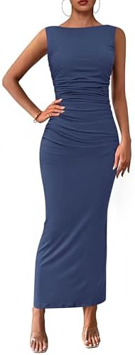 PRETTYGARDEN Womens 2026 Summer Semi Formal Midi Dresses Sleeveless Ruched Bodycon Long Elegant Cocktail Wedding Guest Dress