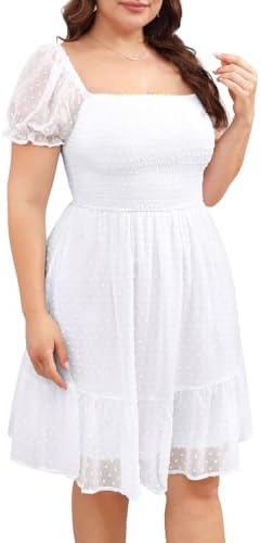 Women Plus Size Square Neck Puff Sleeve Babydoll Summer Chiffon Swiss Dot Flowy Short Smocked Dress