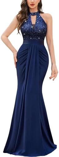 Miusol Womens Elegant Halter V-Neck Lace Sequin Pleated Formal Evening Maxi Dress