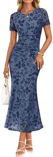ZESICA Womens Summer Short Sleeve Floral Bodycon Dress 2026 Ruched Mesh Wedding Guest Cocktail Party Maxi Dresses