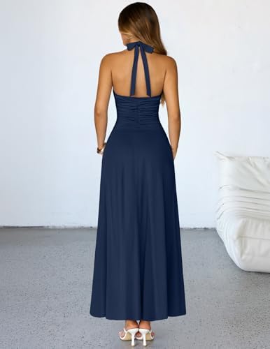 MEROKEETY Womens Wedding Guest Formal Dress Summer Halter Backless Sleeveless V Neck Ruched Cocktail Maxi Dresses