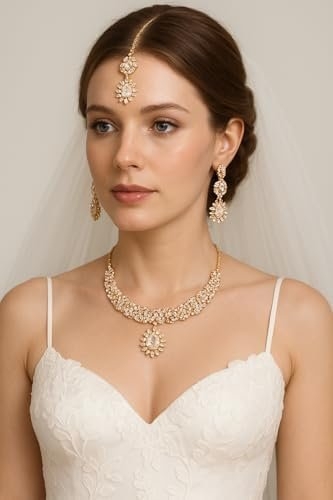 Touchstone Indian jewelry sets for women wedding gold kundan necklace traditional earrings tikka bollywood party style white crystal rhinestone guest gift bridal costume prom dainty accessories