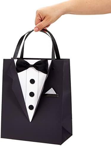 Sparkle and Bash Groomsmen Gift Bags With 3D Tuxedo Design, Satin Bow Tie & Real Buttons – Black, 6 Pack, 8 x 4.5 x 10 In – Wedding & Bachelor Party – Tuxedo Gift Bags for Men