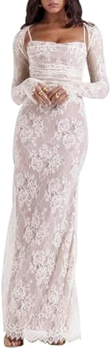 Women Cami Lace Maxi Dress Romantic Long Sleeve Lace Bodycon Dresses Elegant