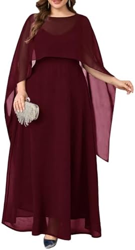 Plus Size Elegant Chiffon Dress Formal Long Cape Sleeve A Line Maxi Evening Gown Wedding Guest Cocktail Dresses