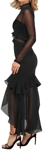 Aisbei Womens Elegant Bodycon Maxi Dress Mock Neck Long Sleeve Ruffle Mesh Party Cocktail Formal Wedding Guest Dresses