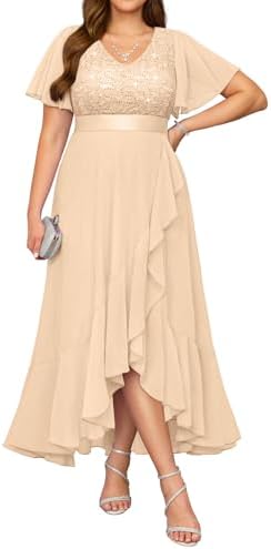 Pinup Fashion Plus Size Formal Dress – Evening Wedding Guest Cocktail Sequin Chiffon Long Dresses with Slit