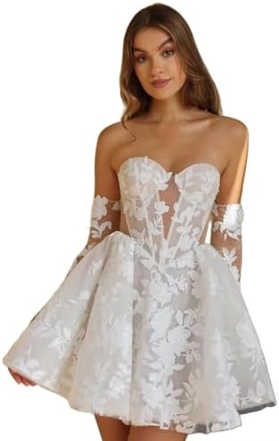 Short Wedding Dresses for Bride Lace Appliques Tulle Bride Dress with Sleeve LW06