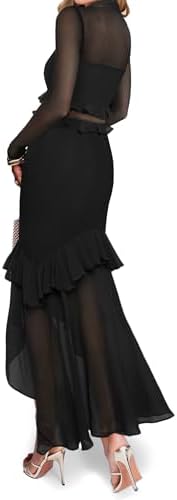 Aisbei Womens Elegant Bodycon Maxi Dress Mock Neck Long Sleeve Ruffle Mesh Party Cocktail Formal Wedding Guest Dresses