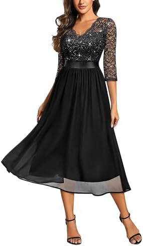 Miusol Womens Elegant V Neck Sequin Lace Sleeve Bridesmaid Party A-line Dress