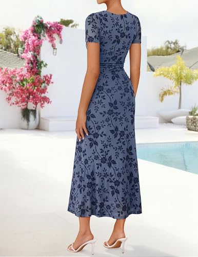 ZESICA Womens Summer Short Sleeve Floral Bodycon Dress 2026 Ruched Mesh Wedding Guest Cocktail Party Maxi Dresses