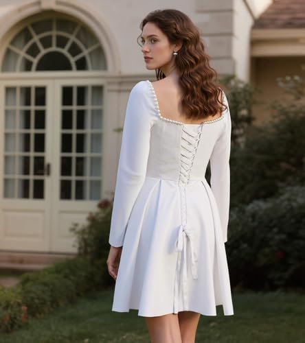 Long Sleeves Short Wedding Dresses for Bride Square Neck Satin Simple Prom Dress Mini Homecoming Party Dress XPD3