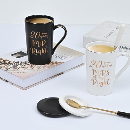 YHRJWN 20 Year Anniversary Presents, 20th Anniversary Presents for Couple Parents, 20th Wedding Anniversary Presents, 20th Mr & Mrs Always Right Coffee Mugs, 14 Oz with Coasters, Spoons and Gift Box