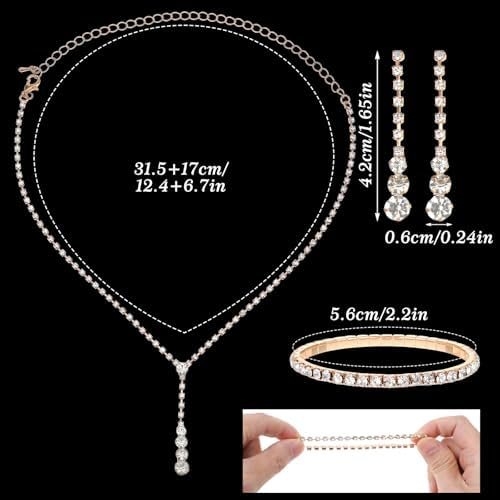 Gold Wedding Jewelry Sets for Women Gold Rhinestone Necklace Earrings Bracelet Bridesmaid Bridal Necklace for Wedding Costume Accessories for Women