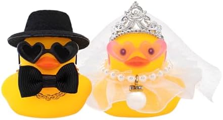 wonuu Pair Set of 2 Bride and Groom Rubber Ducks for Wedding Favors, Party Favors, Ceremony Gift Set, Marriage Souvenir, Marry Blessings, Aniversary Present, White Dess with Veil&Soft Top Hat