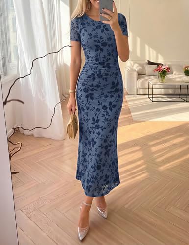 ZESICA Womens Summer Short Sleeve Floral Bodycon Dress 2026 Ruched Mesh Wedding Guest Cocktail Party Maxi Dresses