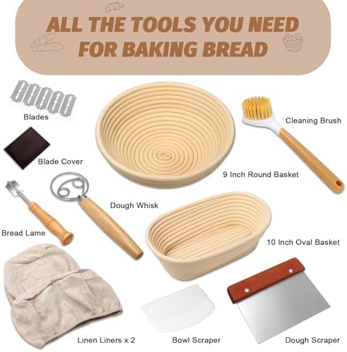 Sourdough Proofing Basket Gift Set, 9 Round and 10 Oval Banneton Bread Baking Supplies, Sourdough Baskets with Bread Lame, Danish Whish, Bowl Scraper, Sourdough Scraper, and Linen Liners