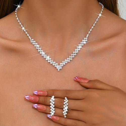 Aukmla Bridal Jewelry Set Rhinestones Bride Wedding Necklace Earring Sets Prom Costume Necklaces for Women