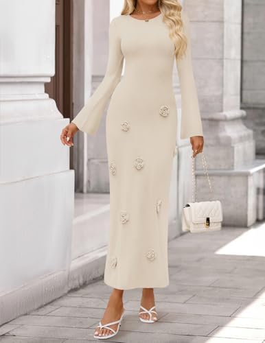 ZESICA Winter Wedding Guest Sweater Dresses for Women 2026 Elegant Formal Long Sleeve Cocktail Midi Dress