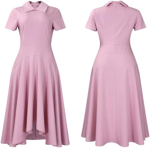 Voghtic Womens Collared Short Sleeve Midi Dress: Ruched Waist Asymmetrical Hem Elegant Casual Work Dress