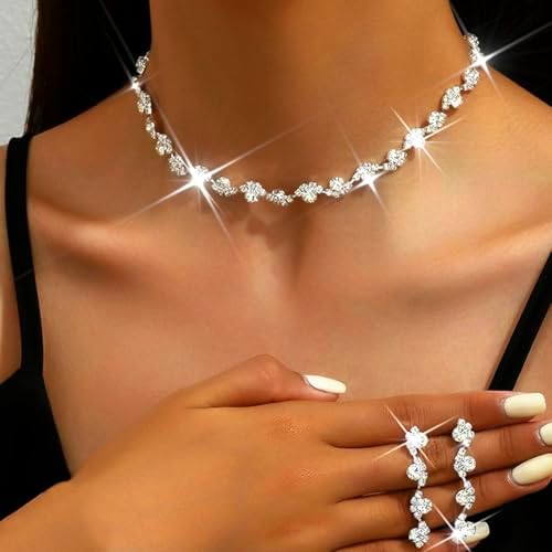 Unicra Bride Silver Necklace Earrings Set Crystal Bridal Wedding Jewelry Set Rhinestone Choker Necklace for Women and Brides