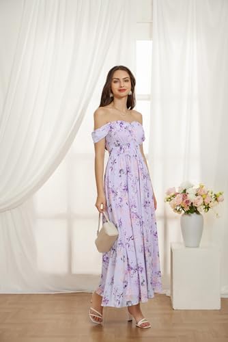 GRACE KARIN 2025 Womens Summer Floral Print Flowy A Line Maxi Dresses Sleeveless Smocked Off Shoulder Dress