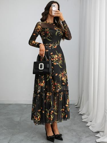 GothDark Womens Floral Mesh Dress Long Sleeve Round Neck A Line Gothic Vintage Casual Wedding Guest Maxi Dresses