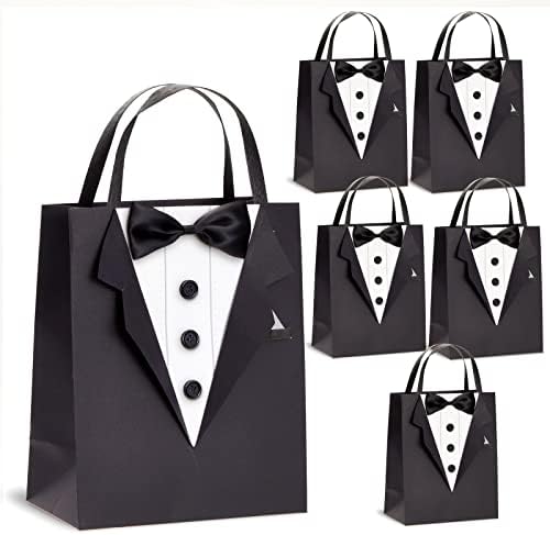 Sparkle and Bash Groomsmen Gift Bags With 3D Tuxedo Design, Satin Bow Tie & Real Buttons – Black, 6 Pack, 8 x 4.5 x 10 In – Wedding & Bachelor Party – Tuxedo Gift Bags for Men