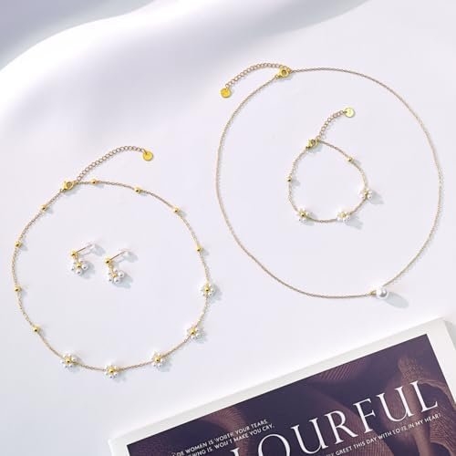 Gold Jewelry Set for Women Dainty 18K Gold Silver Plated Layered Daisy Pearl Flower Choker Necklaces Set Flower Bracelet & Drop Earrings Wedding Jewelry for Christmas Birthday Gifts