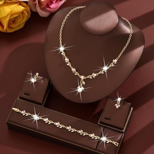 Unicra Pearl Jewelry Set Gold Prom Formal Necklace Earrings Bracelet Sets Rhinestone Bridal Wedding Jewelry Sets for Women and Brides
