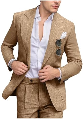 Mens Linen Suit Slim Fit 2 Piece Summer Beach Wedding Suits Peak Lapel Casual Blazer Pants Set for Prom Tuxedo