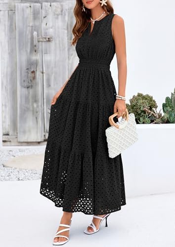 PRETTYGARDEN Summer Dresses for Women 2026 Sundresses Sleeveless V Neck Eyelet A Line Flowy Beach Vacation Spring Maxi Dress