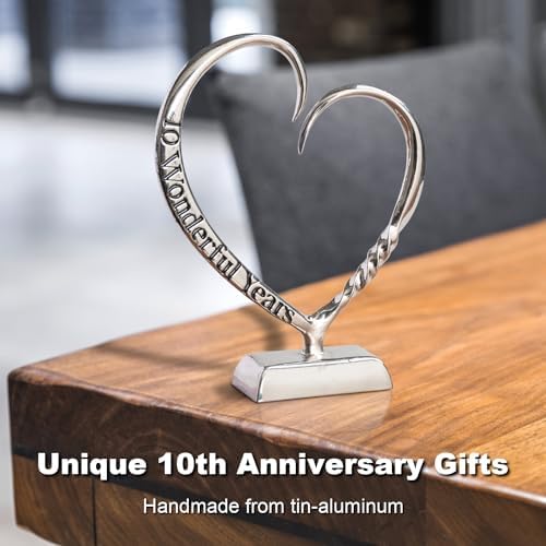 10 Year Anniversary Tin Gifts for Her Him Gift 10th Wedding Anniversary for Couples Wife Husband Men, Hand Forged Tin Aluminum Heart Art Keepsake Home Decor Artwork