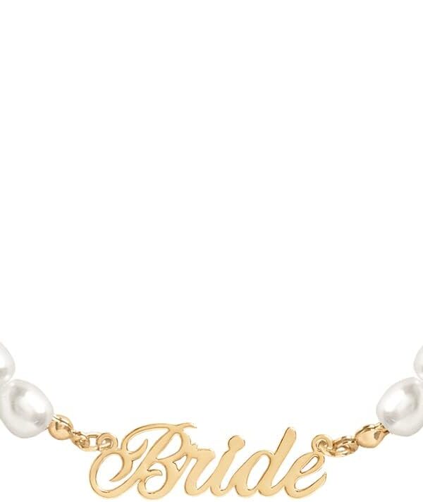 xo, Fetti Bride Pearl Beaded Necklace, 16" Choker, Bride Gold Nameplate | Bachelorette Party Decorations, Bridesmaid Gift, Bridal Shower, Wedding