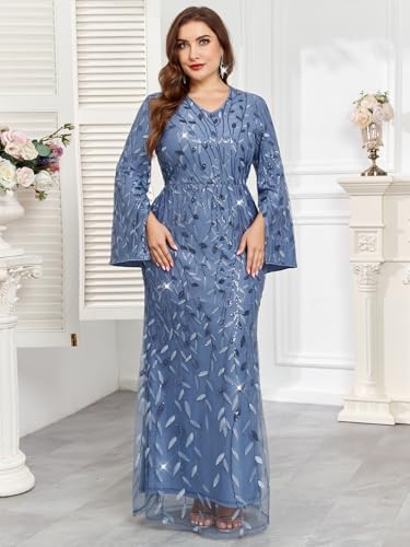Plus Size Formal Dresses Long Flared Sleeve V-Neck Evening Gowns Wedding Guest Sequin Embroidery Prom Maxi Dress