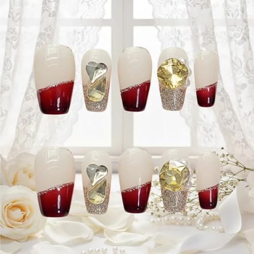 Tesytto Valentine French Tip Press On Nails Red Short Coffin – Nude Base Gold Glitter with 3D Rhinestone Decor Handmade Nails for Wedding, Party, New Year (Wine Red Romance,M)