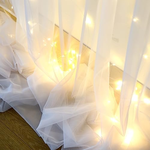 White Tulle Backdrop Curtain with Lights String for Parites 108ft Sheer Backdrop Curtains White Curtain Backdrop for Wedding Baby Shower Birthday Party Photo Shoot Decorations(2 Panels 10ft8ft)