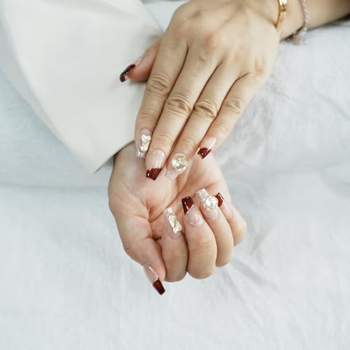 Tesytto Valentine French Tip Press On Nails Red Short Coffin – Nude Base Gold Glitter with 3D Rhinestone Decor Handmade Nails for Wedding, Party, New Year (Wine Red Romance,M)