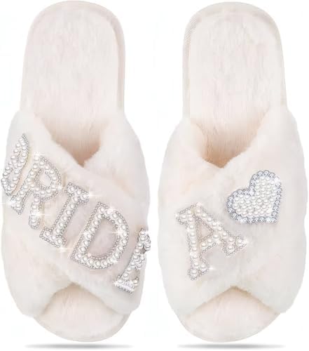 MAIITRIP Personalized Bride Slippers for Bride to Be | Plush,Non-Slip & Custom Initial A-Z with Pearl Rhinestones | Personalized Gift for Bridal Shower,Bachelorette,Honeymoon & Wedding