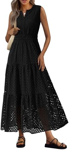 PRETTYGARDEN Summer Dresses for Women 2026 Sundresses Sleeveless V Neck Eyelet A Line Flowy Beach Vacation Spring Maxi Dress