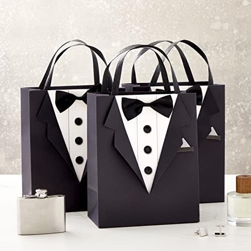 Sparkle and Bash Groomsmen Gift Bags With 3D Tuxedo Design, Satin Bow Tie & Real Buttons – Black, 6 Pack, 8 x 4.5 x 10 In – Wedding & Bachelor Party – Tuxedo Gift Bags for Men
