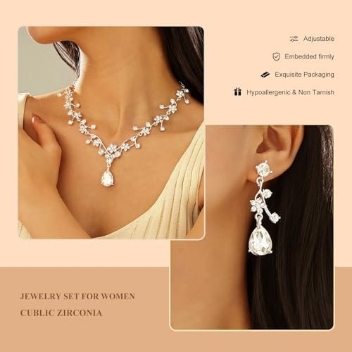 Floral Jewelry Set for WomenWedding Jewelry Sets For Brides With Crystal Necklace & Earrings for Brides and Bridesmaids