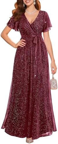 Pinup Fashion Formal Gowns and Evening Dresses – Glitter Prom V Neck Flutter Sleeve A-line Long Dress with Belt