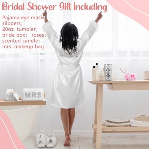 Croloose 9 Pcs Rhinestone Bridal Shower Gift Set Include Box 20 oz Tumbler Slippers Bride Robe Makeup Bag Scented Candle Blindfold 2 Artificial Rose for Bachelorette Wedding Party Gift