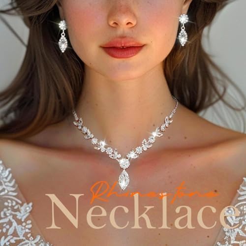 TWINKLEDE Wedding Jewelry Sets for Women Silver Bridal Rhinestone Necklaces and Earring for Brides