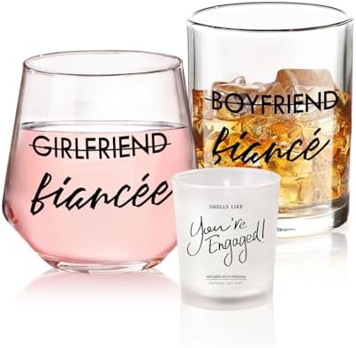 Engagement Gifts for Couples, 10 oz Whiskey and 12 oz Wine Glass Set, Newly Engaged Fiancee & Fiance Gifts for Women, Fade-Resistant, Beautiful Packaging, Proposal Decorations & She Said Yes Present