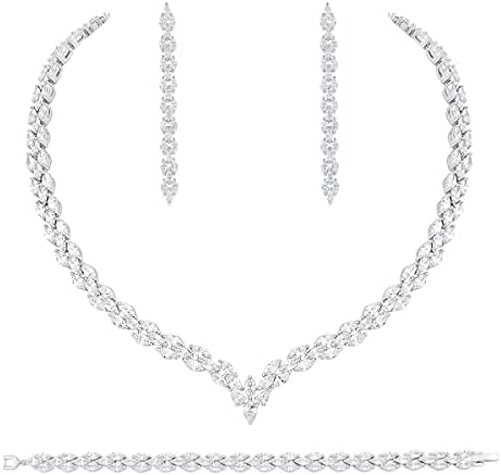 White Gold Plated Cubic Zirconia CZ Marquise Bridal Necklace Drop Dangle Earrings Bracelet set for Women Wedding Brides